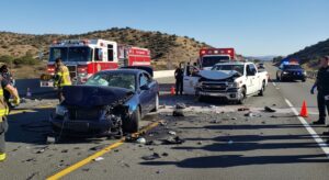Car accident in Riverside County with damaged vehicles