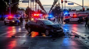 Damaged car after a crash on a city intersection in Riverside County with emergency responders on site.