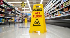 Wet floor sign in a public store to prevent slip and fall accidents