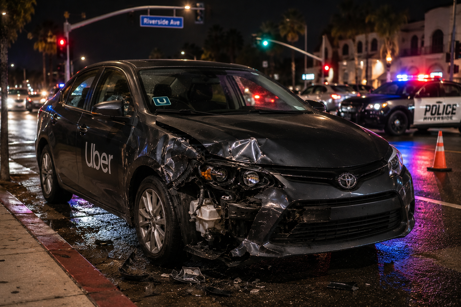 Damaged rideshare vehicle after a Riverside County crash