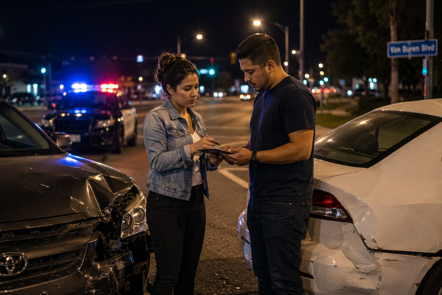 Drivers exchanging information after a Riverside County crash