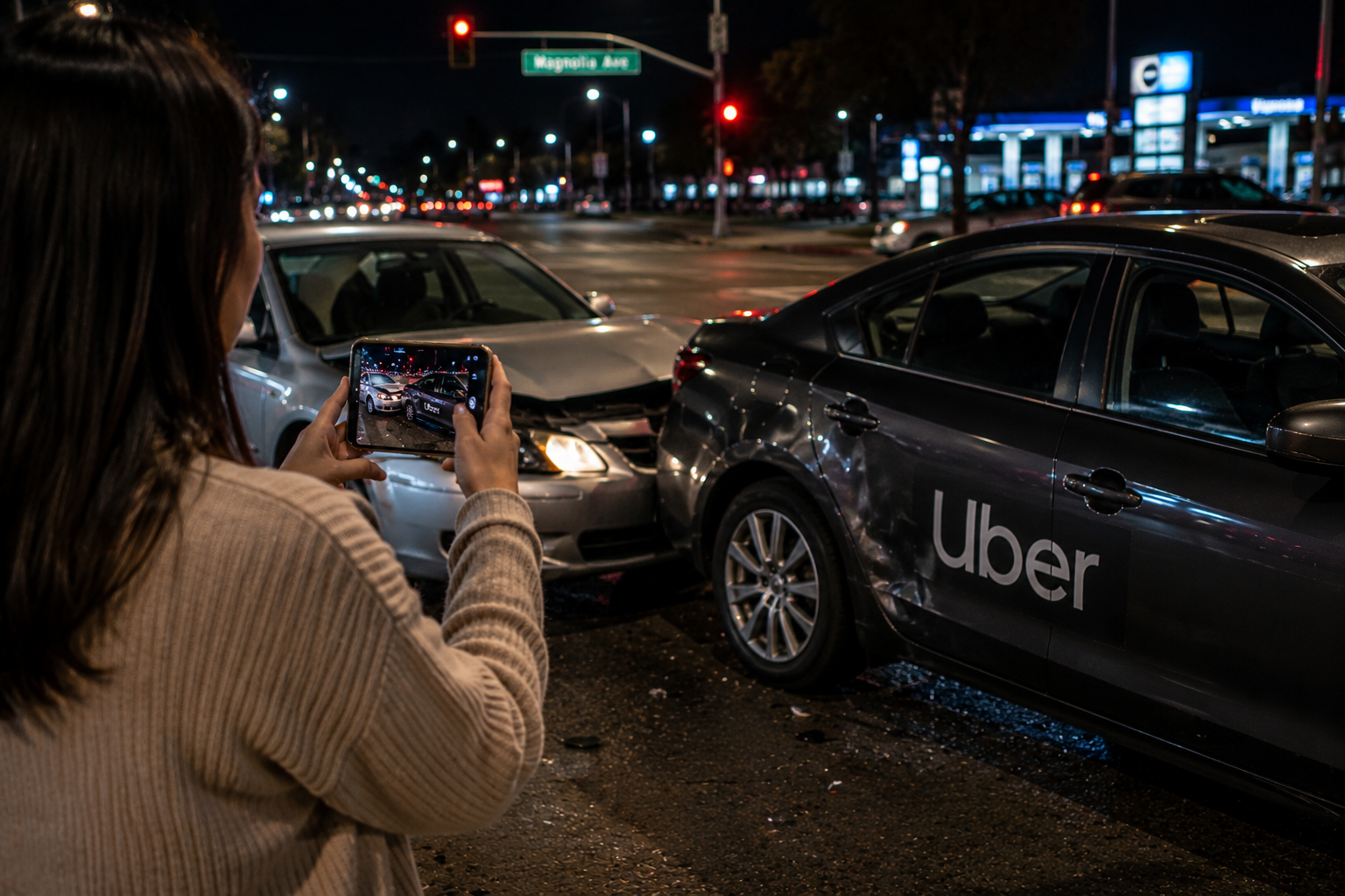 Passenger documenting a rideshare accident with a phone