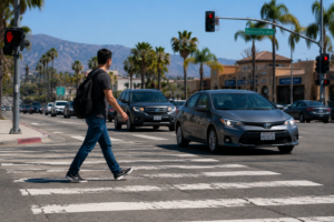 Pedestrian crossing a busy Riverside intersection with cars approaching