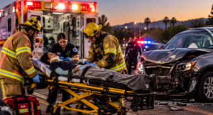Emergency responders treating crash victim in Riverside County